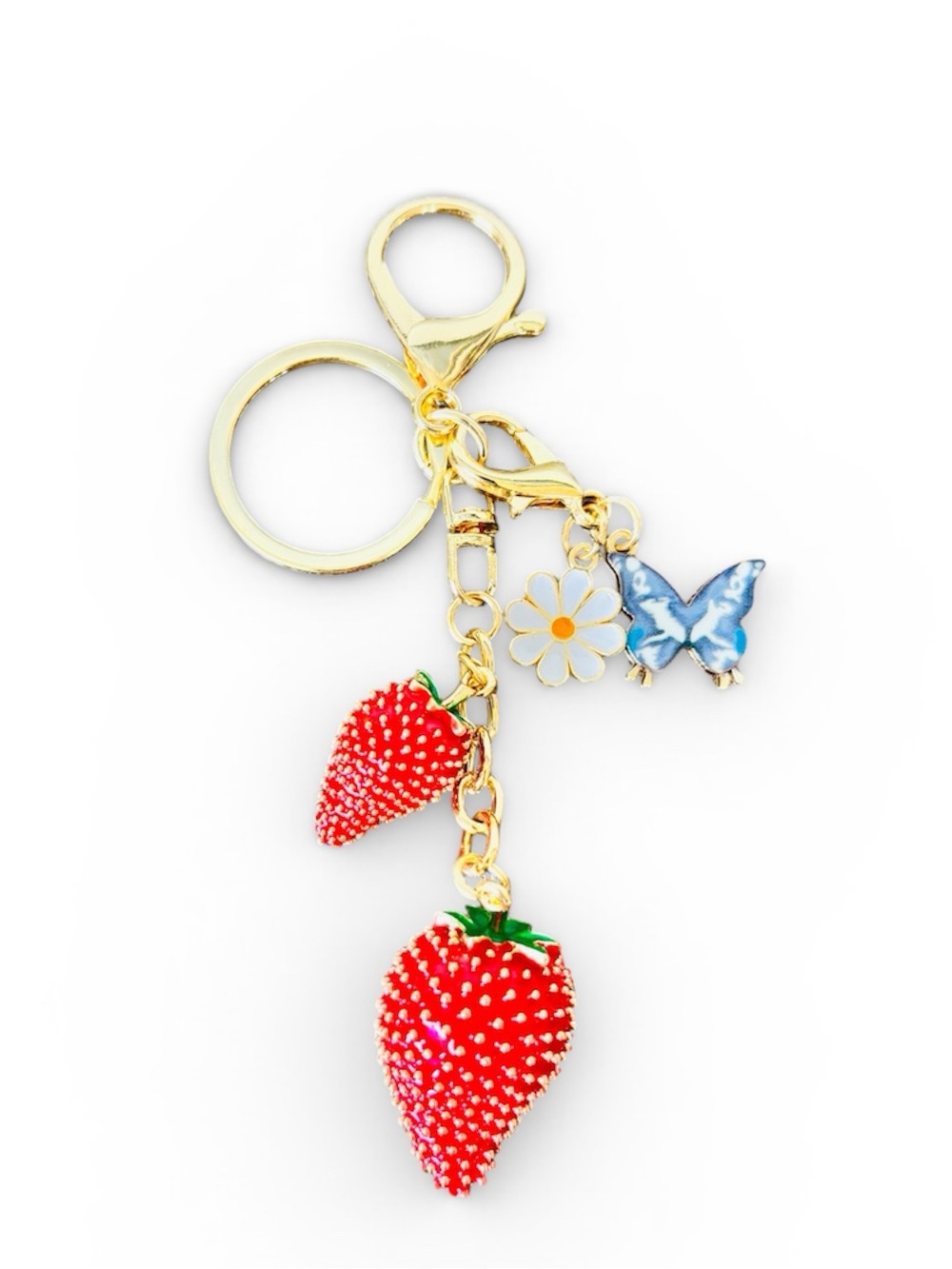 Gold Strawberry Charm Keychain with Enamel Strawberries, Daisy, and butterfly